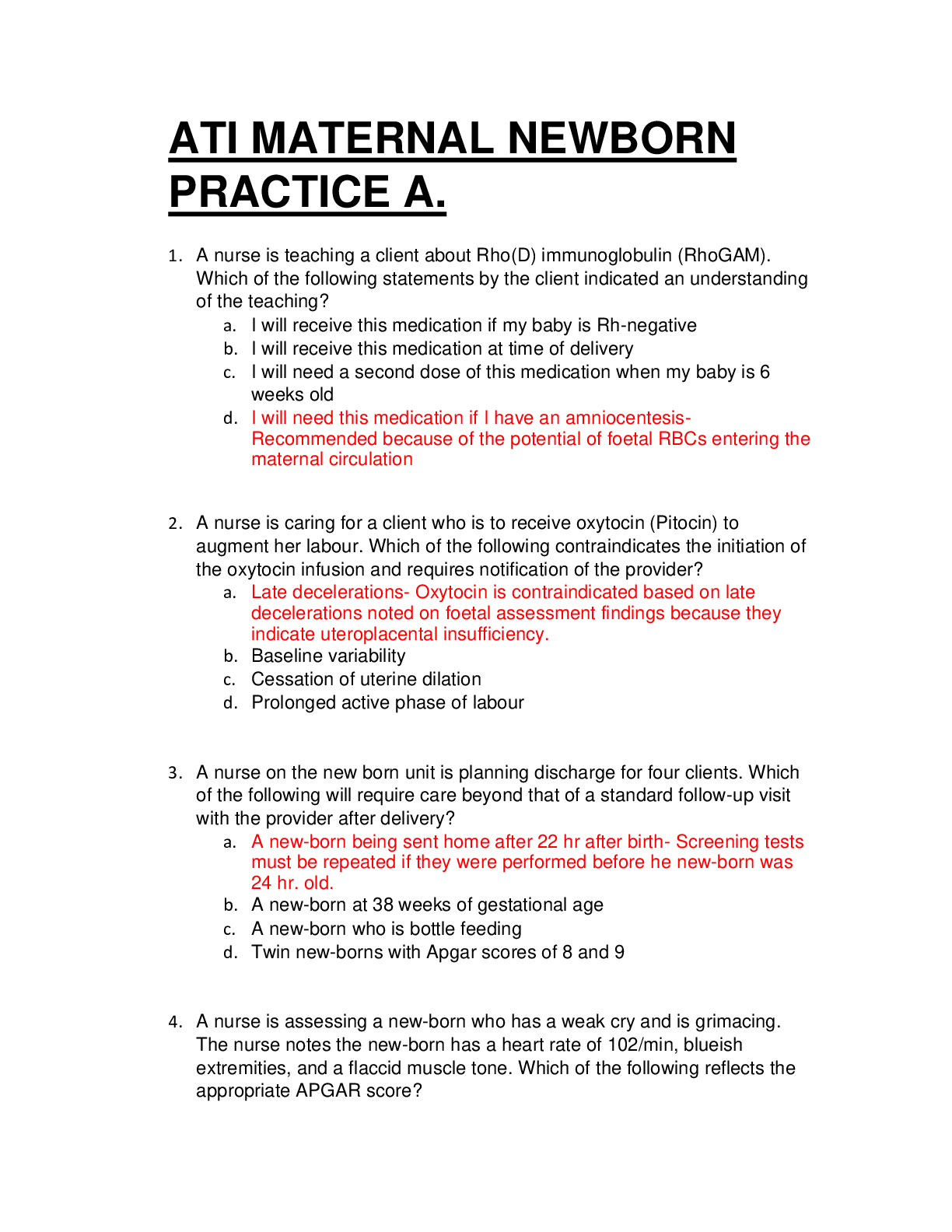 Preview of ATI MATERNAL NEWBORN PRACTICE A. QUESTIONS AND ANSWERS.